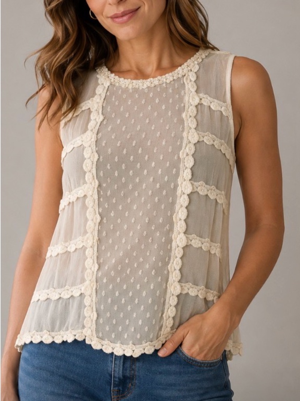 Cream Chic Lace-Trimmed Sleeveless Sheer Blouse Size EU 36 | Small